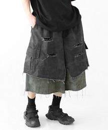 【ハイエンド級クオリティ】チャコール×カーキカモ レイヤードデザイン ダメージカーゴワイドショーツ