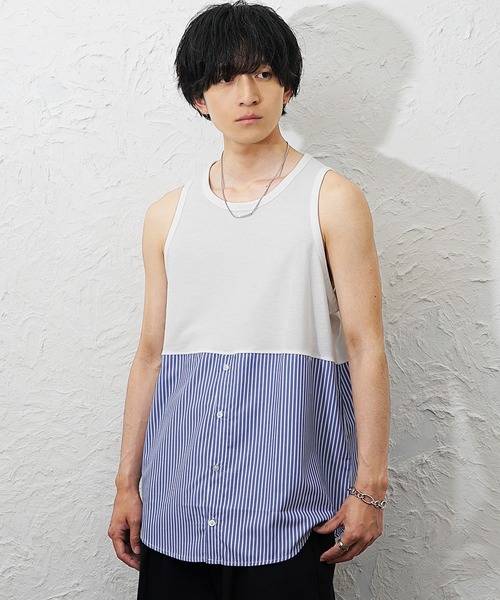 MinoriTY(マイノリティ)の「【MinoriTY】シャツドッキングレイヤータンクトップ メンズ ウィメンズ ユニセックス(タンクトップ・メンズ・ホワイト×ブルー/ホワイト×ホワイト・XL/L/M)」の2枚目の写真