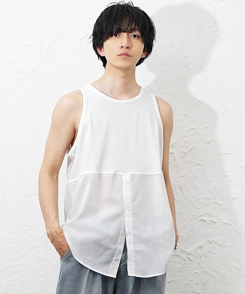 MinoriTY(マイノリティ)の「【MinoriTY】シャツドッキングレイヤータンクトップ メンズ ウィメンズ ユニセックス(タンクトップ・メンズ・ホワイト×ブルー/ホワイト×ホワイト・XL/L/M)」の1枚目の写真