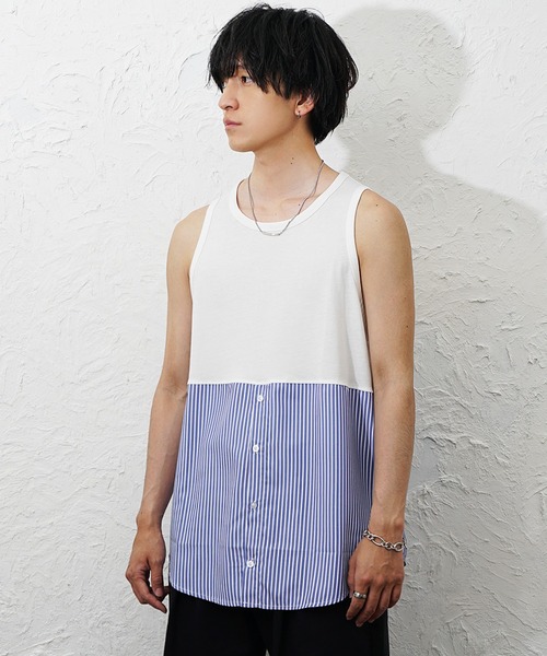 MinoriTY(マイノリティ)の「【MinoriTY】シャツドッキングレイヤータンクトップ メンズ ウィメンズ ユニセックス(タンクトップ・メンズ・ホワイト×ブルー/ホワイト×ホワイト・XL/L/M)」の5枚目の写真