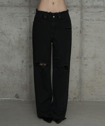 Wide Front Damage Denim Pants (Black)