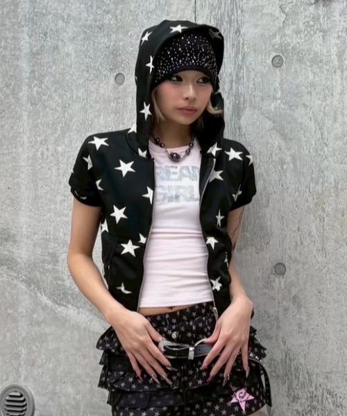 Never mind the XU(ネバーマインドザエックスユー)の「【Never mind the XU】star short sleeve zip-up hoodie / 【ネバーマインド ザ エックスユー】スターショートスリーブジップアップフーディー(パーカー・レディース・ブラック/グレー・S/M)」の6枚目の写真