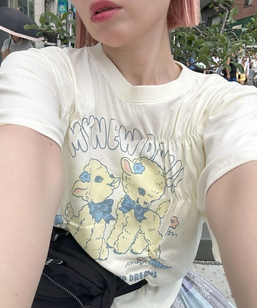 Alley Tokyo(アリートーキョー)の「ロンパース風子ヤギシャーリングT(Tシャツ/カットソー・レディース・ピンク/オフホワイト/スミクロ・FREE)」の15枚目の写真