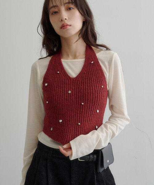Kastane(カスタネ)の「【7.18(土)12:00発売】チャーム付きホルターニットSET(Tシャツ/カットソー・レディース・アイボリー/レッド/グレー・FREE)」の3枚目の写真