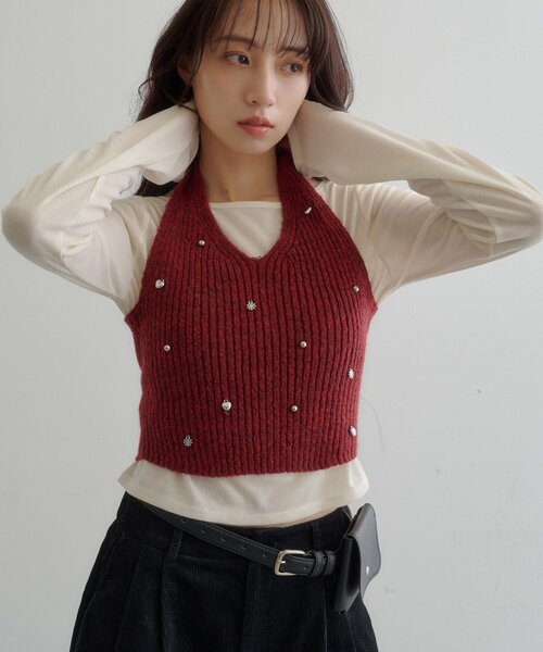 Kastane(カスタネ)の「【7.18(土)12:00発売】チャーム付きホルターニットSET(Tシャツ/カットソー・レディース・アイボリー/レッド/グレー・FREE)」の7枚目の写真