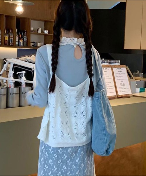 AsheKsha（アシクシャ）の「レース襟フレアスリーブニット 2 点セット（インナー＋透かしベスト）（セットアップ・レディース・ブルー・M）」の9枚目の写真