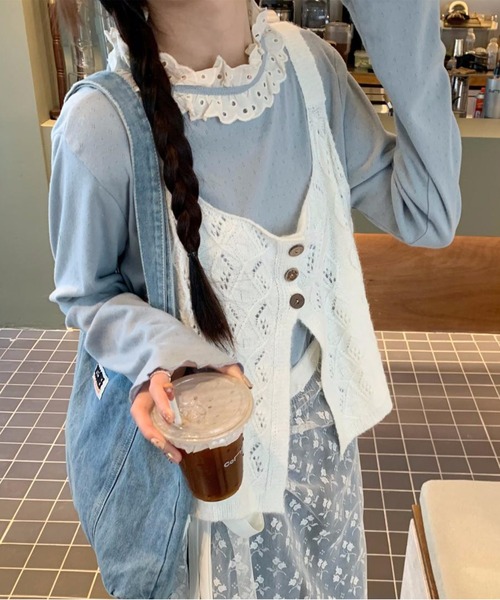 AsheKsha（アシクシャ）の「レース襟フレアスリーブニット 2 点セット（インナー＋透かしベスト）（セットアップ・レディース・ブルー・M）」の11枚目の写真