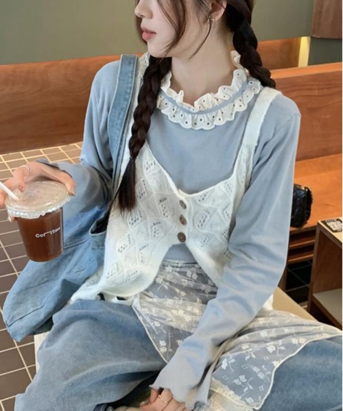 AsheKsha（アシクシャ）の「レース襟フレアスリーブニット 2 点セット（インナー＋透かしベスト）（セットアップ・レディース・ブルー・M）」の13枚目の写真