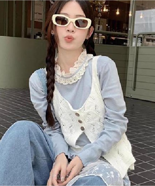 AsheKsha（アシクシャ）の「レース襟フレアスリーブニット 2 点セット（インナー＋透かしベスト）（セットアップ・レディース・ブルー・M）」の14枚目の写真