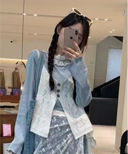 AsheKsha（アシクシャ）の「レース襟フレアスリーブニット 2 点セット（インナー＋透かしベスト）（セットアップ・レディース・ブルー・M）」の17枚目の写真