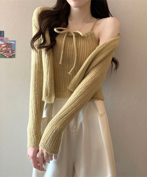 LUCPY(ラクピー)の「リボンニットキャミ&カーディガンセット(カーディガン/ボレロ・レディース・ブラック/ブルー/ホワイト/イエロー/ピンク・FREE)」の1枚目の写真