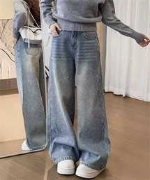 キラキラ輝くオーロラストーン ワイドデニムパンツ