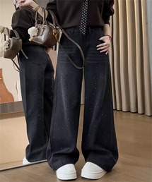 キラキラ輝くオーロラストーン　ワイドデニムパンツ