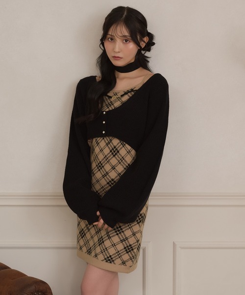 apres jour(アプレジュール)の「【3点セット】レイヤードチェックニットミニワンピース(ワンピース・レディース・ブラック/スモークピンク/ライトベージュ・SMALL/MEDIUM/X-LARGE)」の2枚目の写真