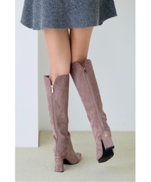 Logo Accent Square Toe Suede Long Boots