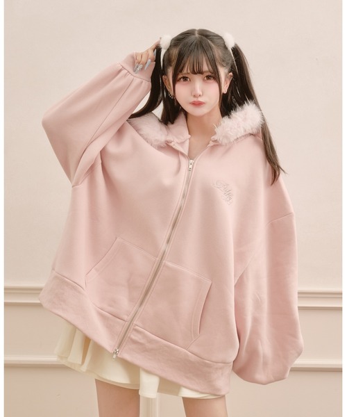 Pal elfy（パルエルフィー）の「ファー付きダブルジップパーカー（パーカー・レディース・オフホワイト/ブラック/ピンク/チャコールグレー・フリー）」の7枚目の写真