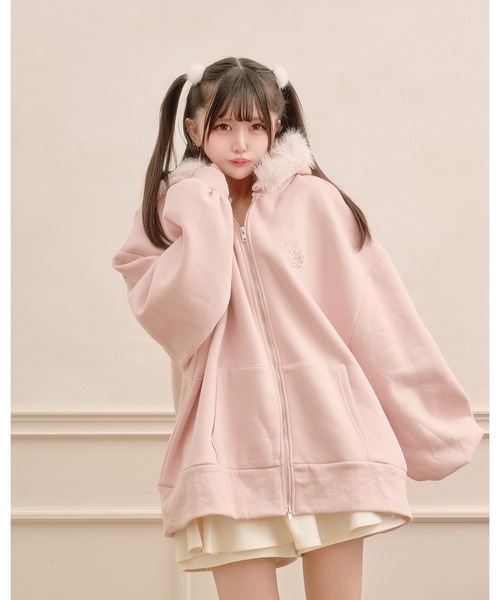 Pal elfy（パルエルフィー）の「ファー付きダブルジップパーカー（パーカー・レディース・オフホワイト/ブラック/ピンク/チャコールグレー・フリー）」の10枚目の写真