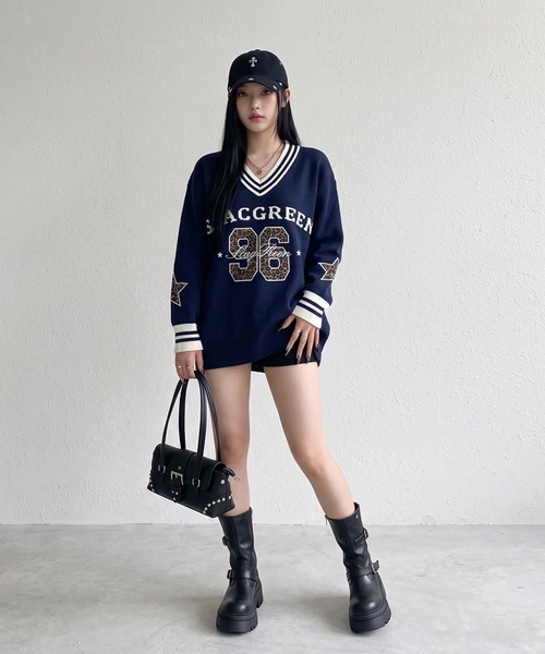 non-hedge(ノンヘッジ)の「ヒョウ柄ナンバリングニットトップス(ニット/セーター・レディース・オフホワイト/ネイビー・FREE)」の21枚目の写真