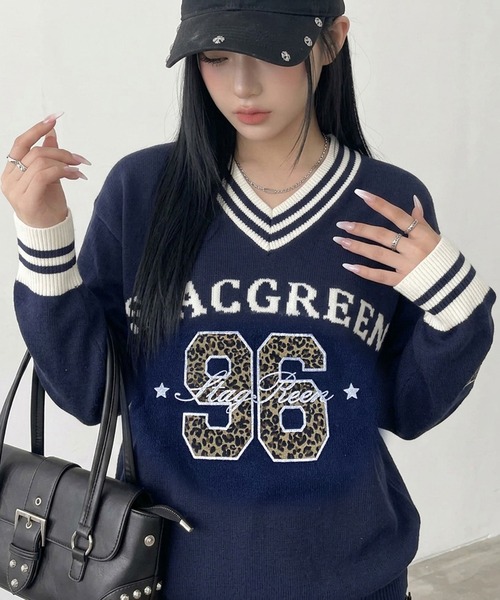 non-hedge(ノンヘッジ)の「ヒョウ柄ナンバリングニットトップス(ニット/セーター・レディース・オフホワイト/ネイビー・FREE)」の17枚目の写真