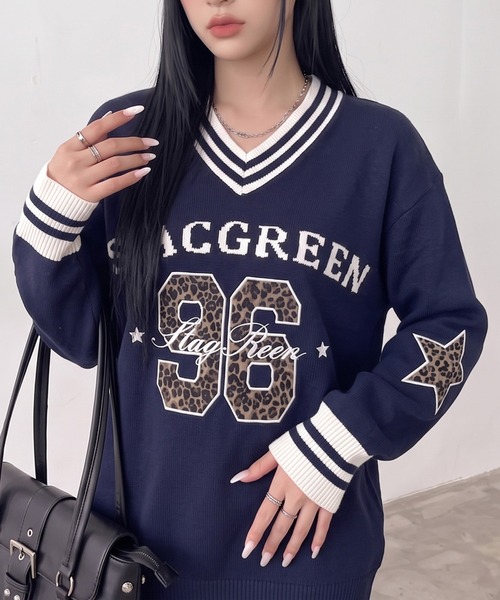 non-hedge(ノンヘッジ)の「ヒョウ柄ナンバリングニットトップス(ニット/セーター・レディース・オフホワイト/ネイビー・FREE)」の18枚目の写真