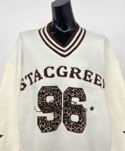 non-hedge(ノンヘッジ)の「ヒョウ柄ナンバリングニットトップス(ニット/セーター・レディース・オフホワイト/ネイビー・FREE)」の3枚目の写真