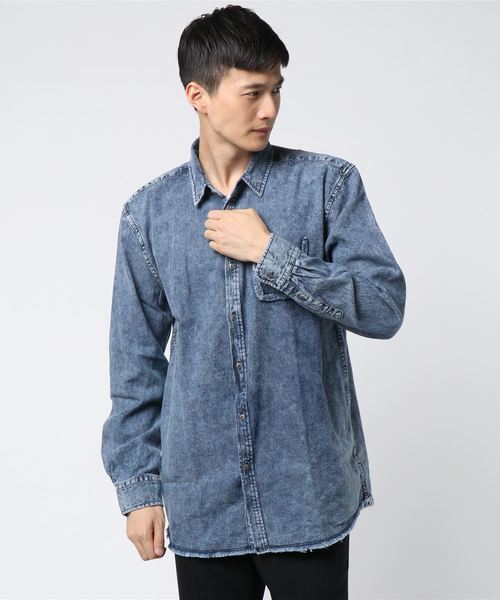 VENCEEXCHANGE（ヴァンスエクスチェンジ）の「デニムダメージビッグシャツ          （シャツ/ブラウス・メンズ・ネイビー/スカイブルー・LARGE/MEDIUM）」の5枚目の写真
