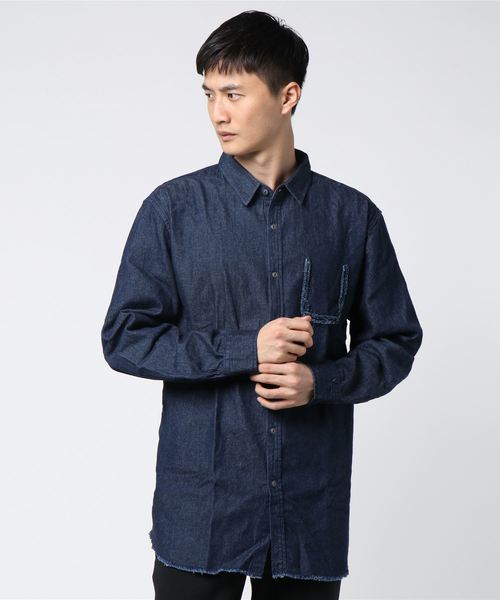 VENCEEXCHANGE（ヴァンスエクスチェンジ）の「デニムダメージビッグシャツ          （シャツ/ブラウス・メンズ・ネイビー/スカイブルー・LARGE/MEDIUM）」の6枚目の写真