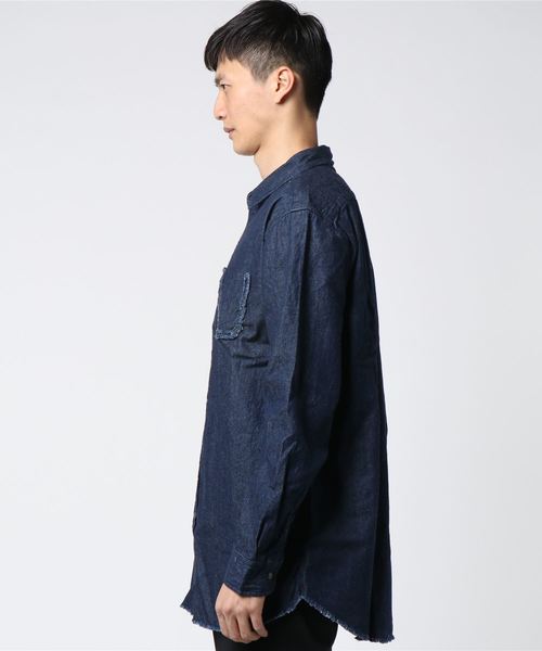 VENCEEXCHANGE（ヴァンスエクスチェンジ）の「デニムダメージビッグシャツ          （シャツ/ブラウス・メンズ・ネイビー/スカイブルー・LARGE/MEDIUM）」の3枚目の写真