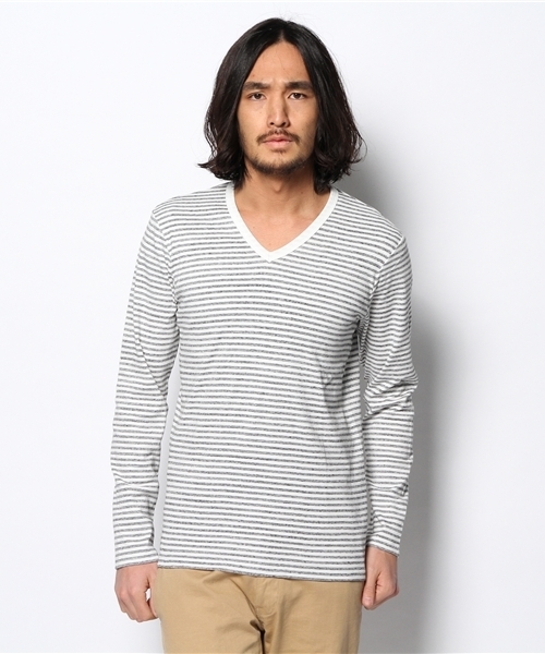 BEAUTY&YOUTH UNITED ARROWS(ビューティーアンドユースユナイテッドアローズ)の「BY フライス ボーダー Vネック ロングスリーブ カットソー◆(Tシャツ/カットソー・メンズ・ブラック/ロイヤルブルー/グレー・LARGE/SMALL/MEDIUM/X-LARGE)」の2枚目の写真