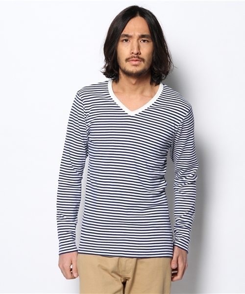 BEAUTY&YOUTH UNITED ARROWS(ビューティーアンドユースユナイテッドアローズ)の「BY フライス ボーダー Vネック ロングスリーブ カットソー◆(Tシャツ/カットソー・メンズ・ブラック/ロイヤルブルー/グレー・LARGE/SMALL/MEDIUM/X-LARGE)」の3枚目の写真