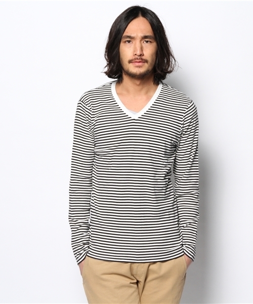 BEAUTY&YOUTH UNITED ARROWS(ビューティーアンドユースユナイテッドアローズ)の「BY フライス ボーダー Vネック ロングスリーブ カットソー◆(Tシャツ/カットソー・メンズ・ブラック/ロイヤルブルー/グレー・LARGE/SMALL/MEDIUM/X-LARGE)」の1枚目の写真