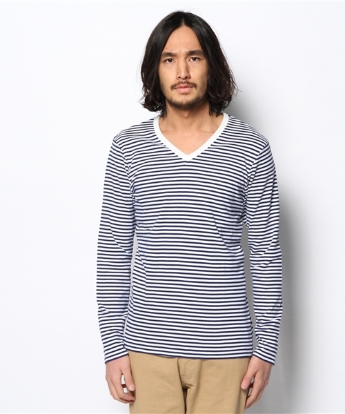 BEAUTY&YOUTH UNITED ARROWS(ビューティーアンドユースユナイテッドアローズ)の「BY フライス ボーダー Vネック ロングスリーブ カットソー◆(Tシャツ/カットソー・メンズ・ブラック/ロイヤルブルー/グレー・LARGE/SMALL/MEDIUM/X-LARGE)」の4枚目の写真