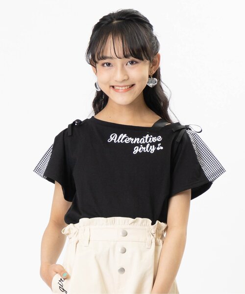 algy（アルジー）の「ワンショル風ガーリーT（Tシャツ/カットソー・キッズ・ブラック/ベージュ/オフホワイト・XXX-SMALL/X-SMALL/MEDIUM/SMALL/XX-SMALL）」の2枚目の写真