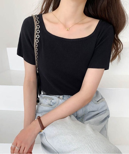 MAISON DE THERESE(メゾン ド テレーズ)の「スクエアネックハーフスリーブTシャツ(Tシャツ/カットソー・レディース・ブラック/ホワイト/イエロー・M)」の1枚目の写真
