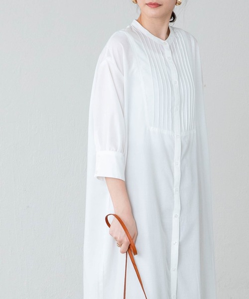 BONLECILL（ボンルシール）の「ピンタック ボザム 五分袖 シアーシャツ ワンピース（シャツワンピース・レディース・ブラック/ベージュ/オフホワイト/ライトグリーン・FREE）」の11枚目の写真