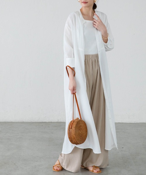 BONLECILL（ボンルシール）の「ピンタック ボザム 五分袖 シアーシャツ ワンピース（シャツワンピース・レディース・ブラック/ベージュ/オフホワイト/ライトグリーン・FREE）」の8枚目の写真