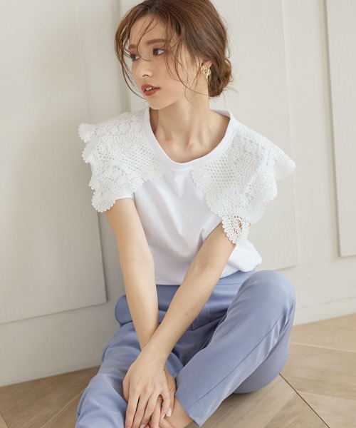 KOBE LETTUCE（コウベレタス）の「レースビッグ襟付き半袖カットソーTシャツ（Tシャツ/カットソー・レディース・オフホワイト・FREE）」の2枚目の写真