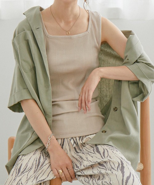 Fashion Letter(ファッションレター)の「スクエアネックコットンリブタンクトップ 夏服(タンクトップ・レディース・カーキ/ホワイト/杢グレー/ブラック/ベージュ/モカ・M/3L/4L/L/LL)」の9枚目の写真