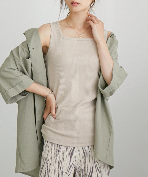 Fashion Letter(ファッションレター)の「スクエアネックコットンリブタンクトップ 夏服(タンクトップ・レディース・カーキ/ホワイト/杢グレー/ブラック/ベージュ/モカ・M/3L/4L/L/LL)」の12枚目の写真