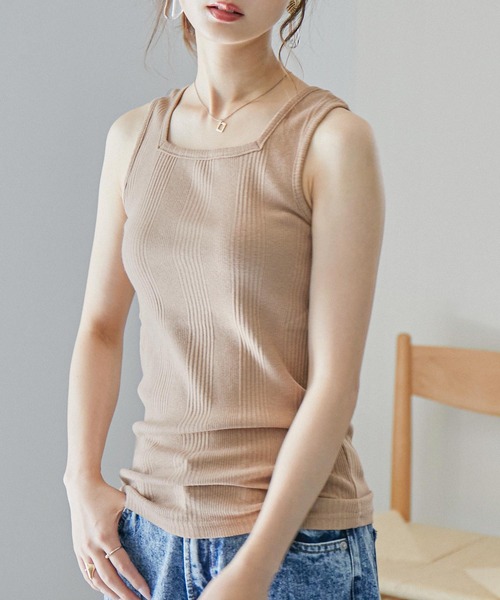 Fashion Letter(ファッションレター)の「スクエアネックコットンリブタンクトップ 夏服(タンクトップ・レディース・カーキ/ホワイト/杢グレー/ブラック/ベージュ/モカ・M/3L/4L/L/LL)」の22枚目の写真