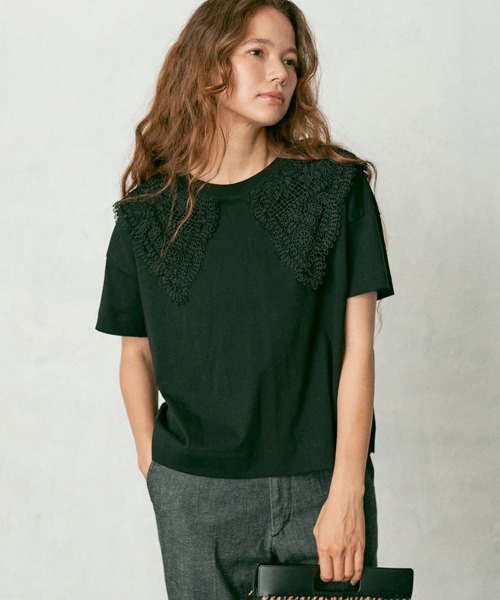 PUAL CE CIN（ピュアルセシン）の「ケミカルレース襟プルオーバー/Tシャツ（Tシャツ/カットソー・レディース・ブラック/ベージュ/ブルーグレー/ナチュラル・FREE）」の2枚目の写真