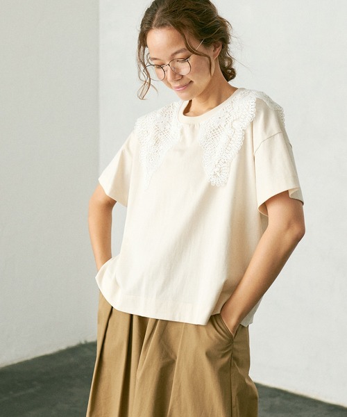 PUAL CE CIN（ピュアルセシン）の「ケミカルレース襟プルオーバー/Tシャツ（Tシャツ/カットソー・レディース・ブラック/ベージュ/ブルーグレー/ナチュラル・FREE）」の7枚目の写真