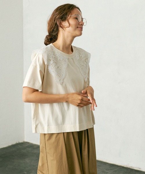 PUAL CE CIN（ピュアルセシン）の「ケミカルレース襟プルオーバー/Tシャツ（Tシャツ/カットソー・レディース・ブラック/ベージュ/ブルーグレー/ナチュラル・FREE）」の9枚目の写真