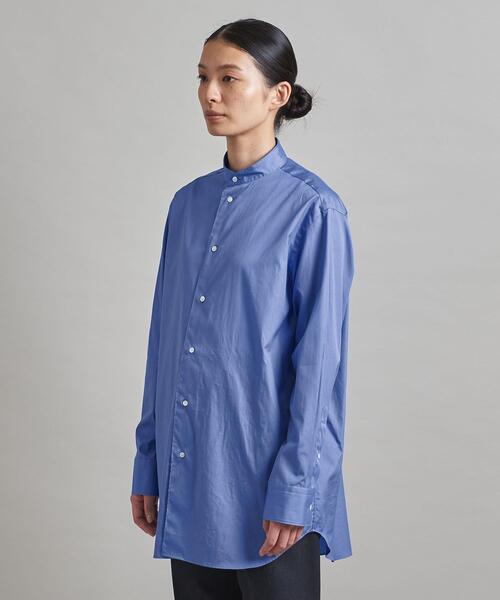 LOEFF バンドカラー 長袖シャツ 青 LOEFF ブラウス シャツ 「LOEFF」コットン ブロード バンド