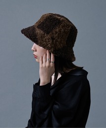 柄フェイクファーバケットハット