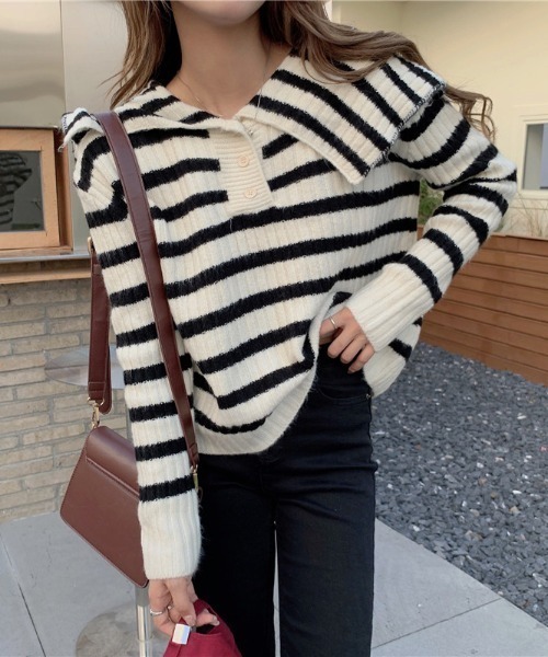 MANGROVE（マングローブ）の「セーラーカラーボーダーニットプルオーバー（ニット/セーター・レディース・ホワイト/ブラック・FREE）」の10枚目の写真