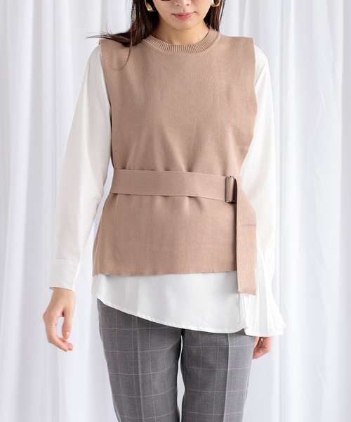 White Collection(ホワイトコレクション)の「【2021AW】サイドプリーツデザインブラウス&ベルト付きニットベスト・セットアンサンブル(ニット/セーター・レディース・ブラック/グレー/キャメル・FREE)」の5枚目の写真