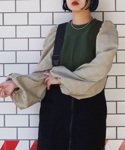 179/WG（イチナナキュウダブルジー）の「チェックスリーブ ドッキングプルオーバー（Tシャツ/カットソー・レディース・グリーン/ボルドー/ブラック・FREE）」の2枚目の写真