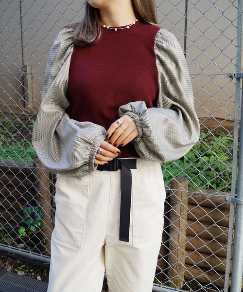 179/WG（イチナナキュウダブルジー）の「チェックスリーブ ドッキングプルオーバー（Tシャツ/カットソー・レディース・グリーン/ボルドー/ブラック・FREE）」の3枚目の写真