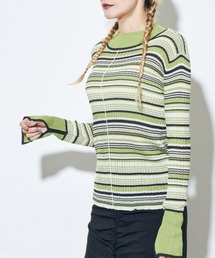 ボーダー配色シアータイトトップス